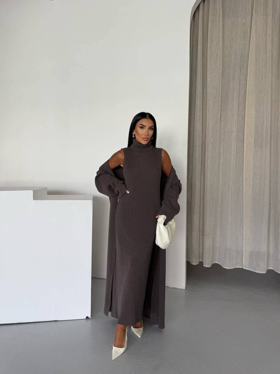 Design company-Fatma Balkir - Vendita all'ingrosso Vestito - Donna - Abito lungo in maglia e set di cardigan lungo coordinato8