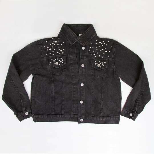 GiftsbyPR - Wholesale Denim Jacket - Women's - Black Denim Jacket with Pearl, Pearl Embellished Jean Jacket