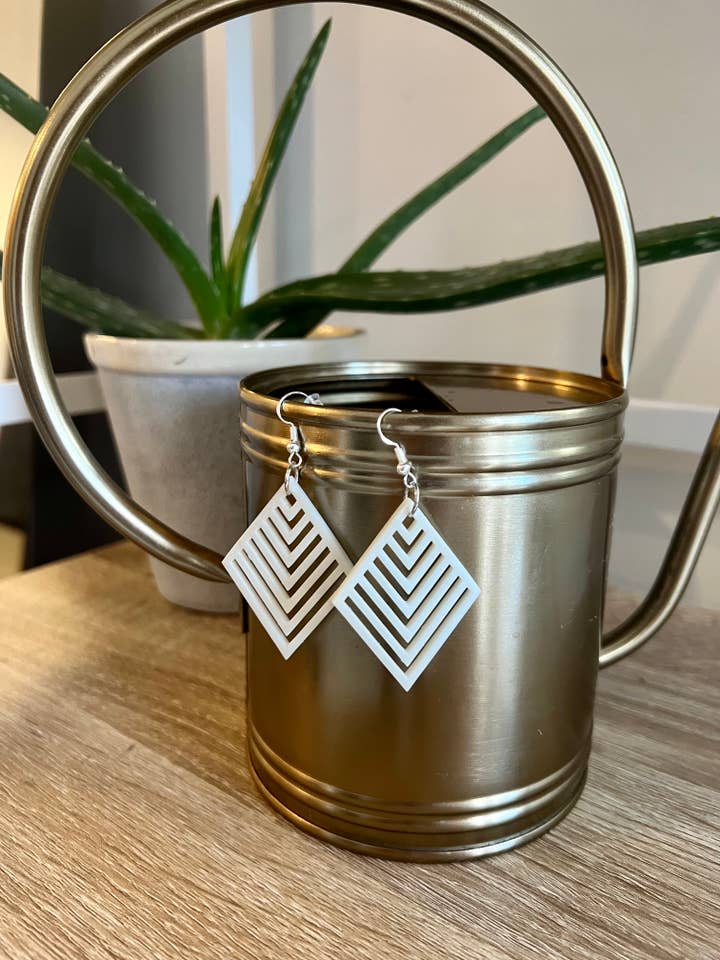 Handmade 3D Printed Geometric Lined Rhombus Dangle Earrings for wholesale by Elby Designs