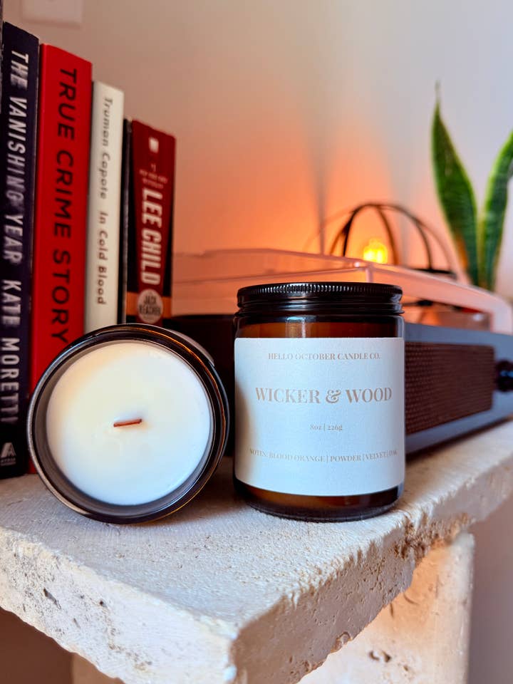 Wicker & Wood - 8oz Soy Wood Wick Candle for wholesale by Hello October Candle Co.