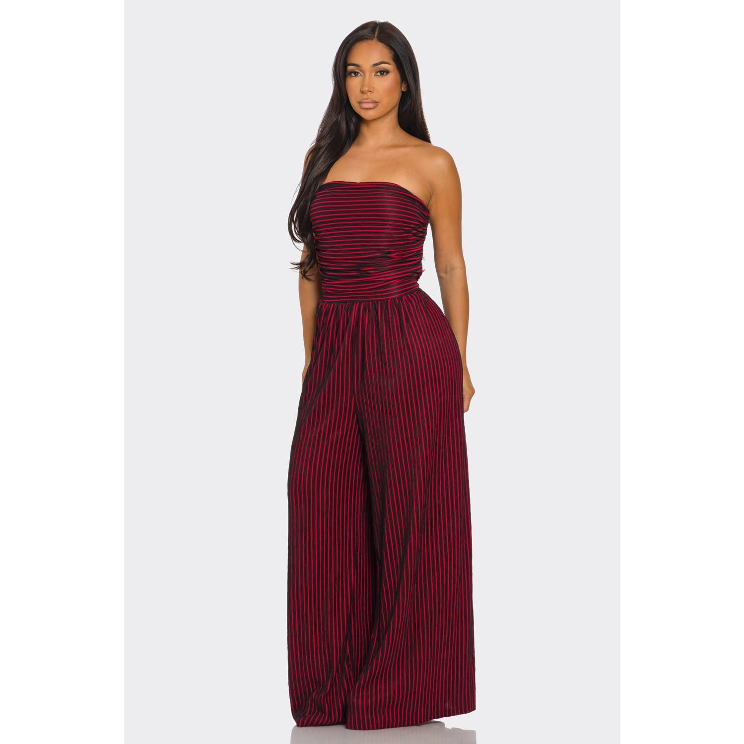 ITSSY - Wholesale Jumpsuit - Women's - Striped Strapless Pleated Wide Leg Jumpsuit1