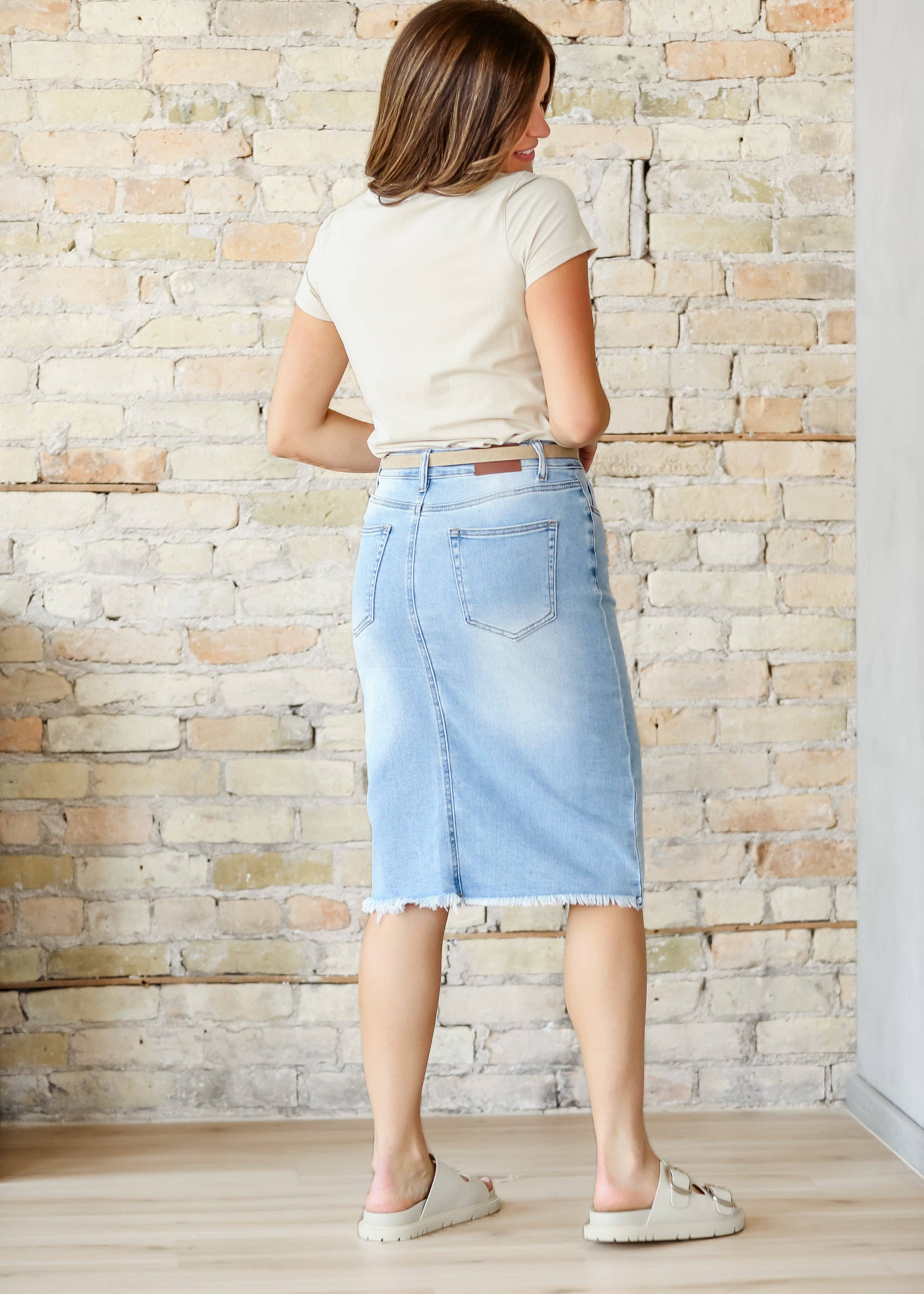 Inherit Clothing Company - Wholesale Skirt - Women's - Drew Raw Hem Midi Denim Skirt4