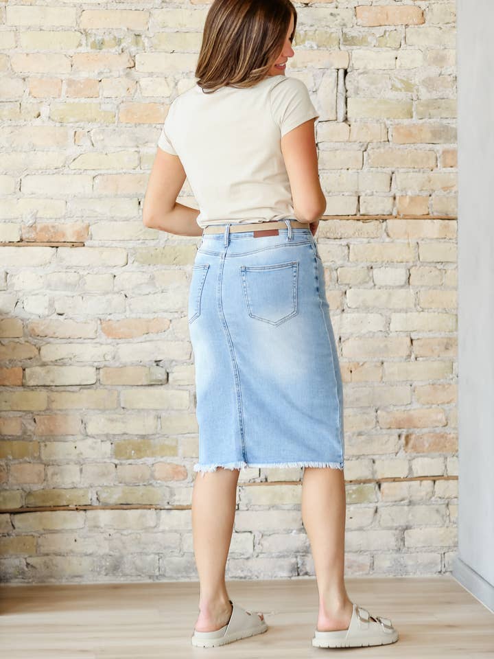 Inherit Clothing Company - Wholesale Skirt - Women's - Drew Raw Hem Midi Denim Skirt4