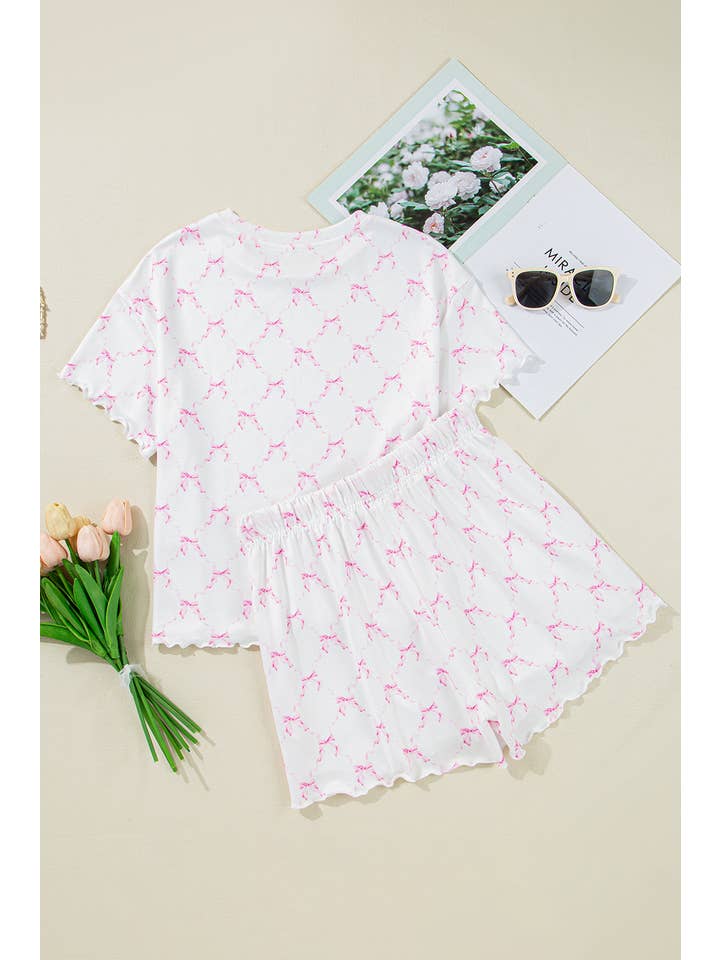 LA Society - Wholesale Lounge Set - Women's - Bow Knot Geometric Print Lettuce Trim Two Piece Lounge Set