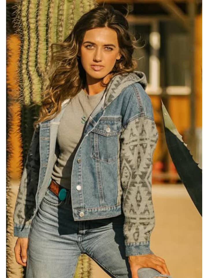 Ladies Denim with Aztec Fashion Jacket with Hood-L-25914 for wholesale on Faire5