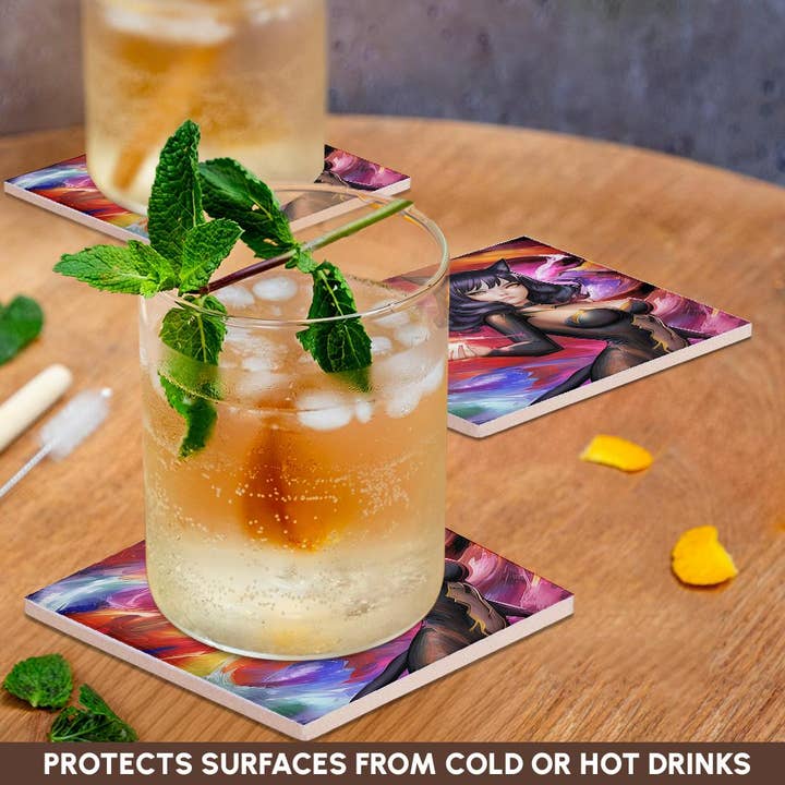 3dRose - Wholesale Coasters - 3dRose, Cat Woman. Charming brunette, black cat girl. The goddess of luck, Coaster2