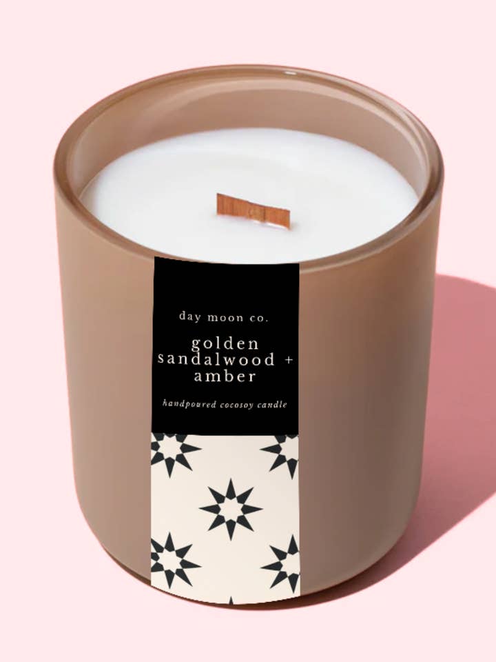 Sandalwood + Amber 13 oz Neutral Tone Coconut Soy Candle for wholesale by Day Moon Co.