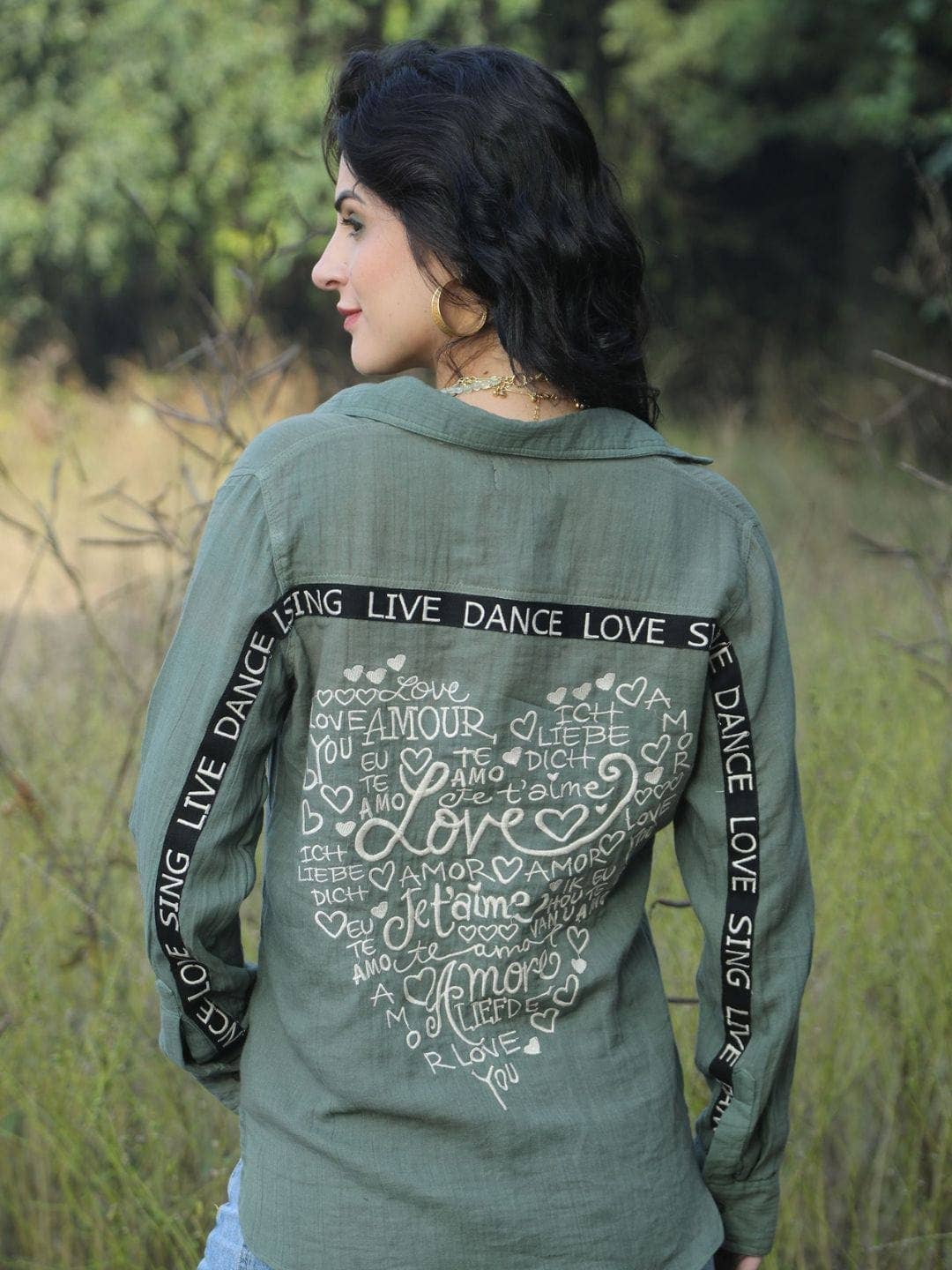 Olive cotton gauze blouse with heart embroidery for wholesale on Faire
