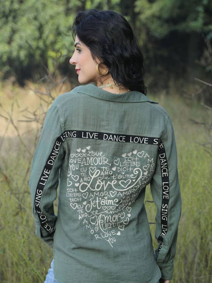 Olive cotton gauze blouse with heart embroidery for wholesale on Faire0