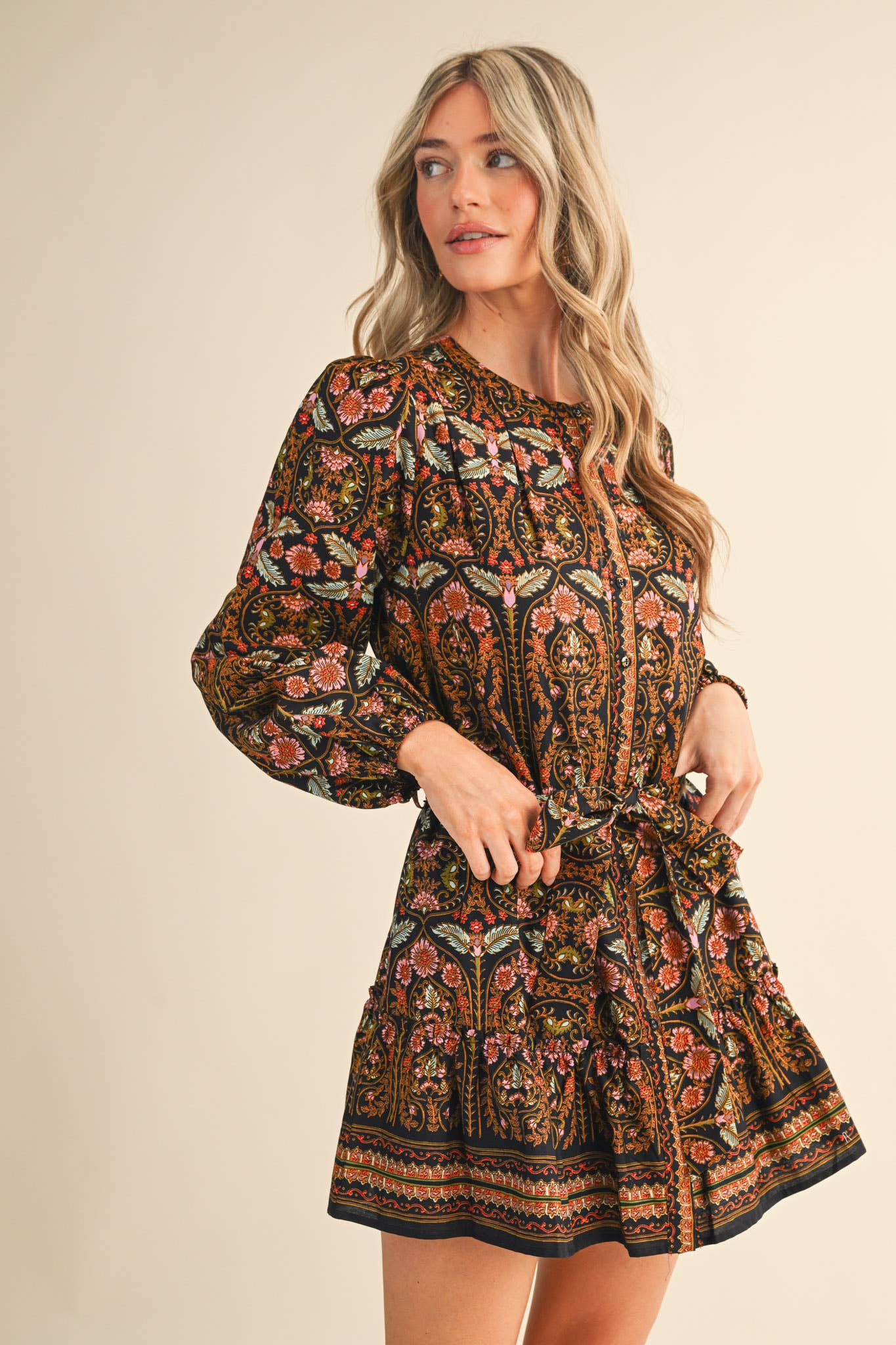 &MERCI - Wholesale Dress - Women's - EXCLUSIVE FLORAL PRINT BUTTON DOWN BELTED MINI DRESS MDR45216