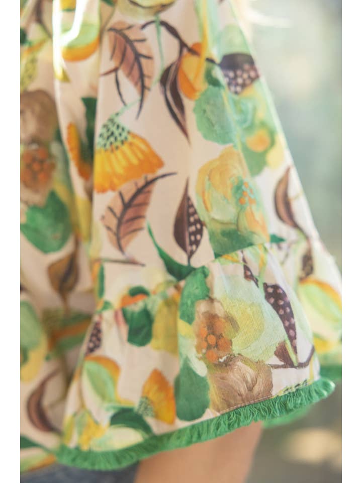 Green 35203 Fringe Detailed Loose Sleeve Floral Print Top for wholesale on Faire11