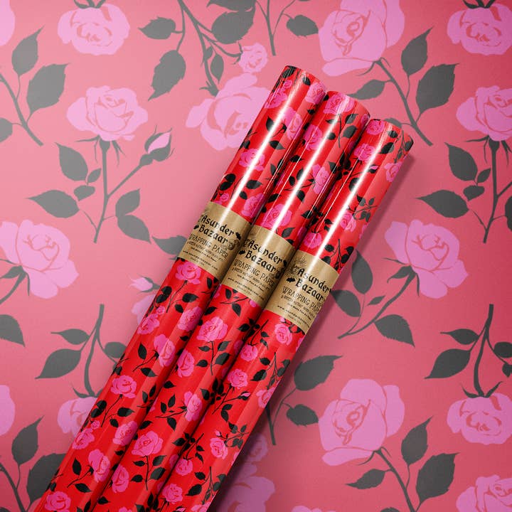 Pink and Red Roses Wrapping Paper Set 3 Sheet Roll for wholesale by Asunder Bazaar