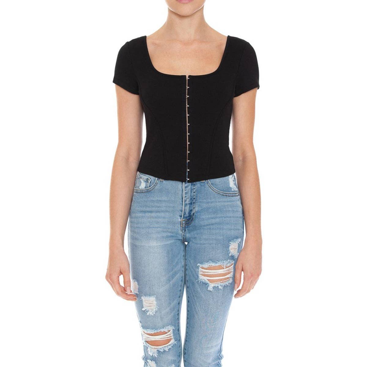 UP CLOTHING – wholesale Knit top – Women's – SQUARE NECK HOOK AND EYE BUSTIER SHORT SLEEVE TOP8