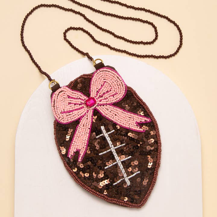 SP Sophia Collection - Wholesale Crossbody Bag - Women's - Sequin & Seed Beaded Pink Ribbon Football Crossbody Bag