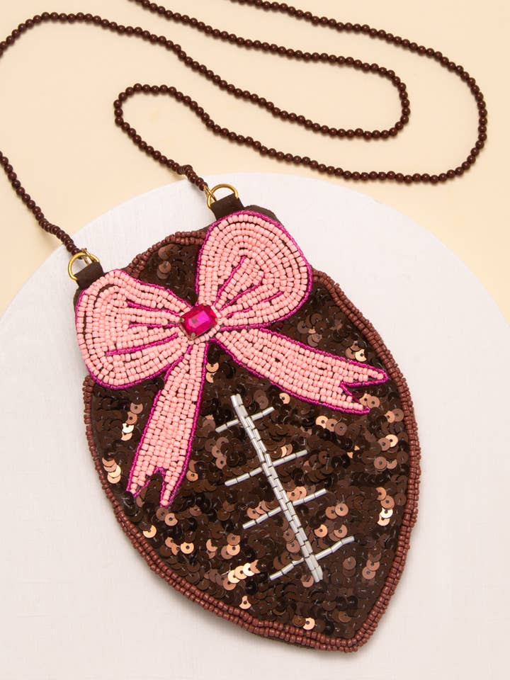 Sequin & Seed Beaded Pink Ribbon Football Crossbody Bag for wholesale by SP Sophia Collection