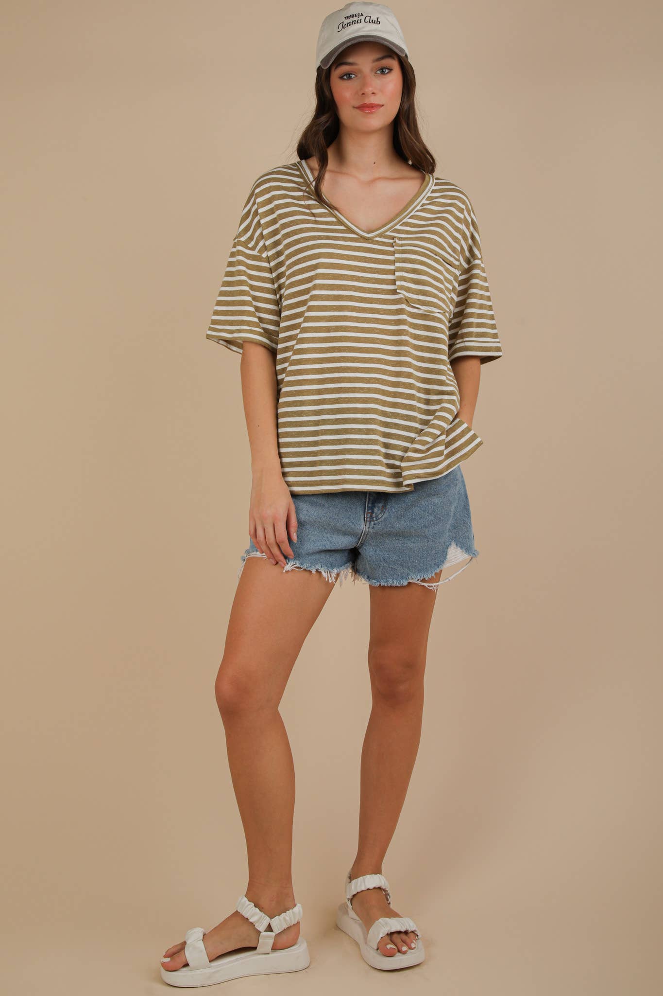 VERY J - Wholesale Knit Top - Women's - NT12167-Oversized Stripe Casual V-Neck Knit Top11