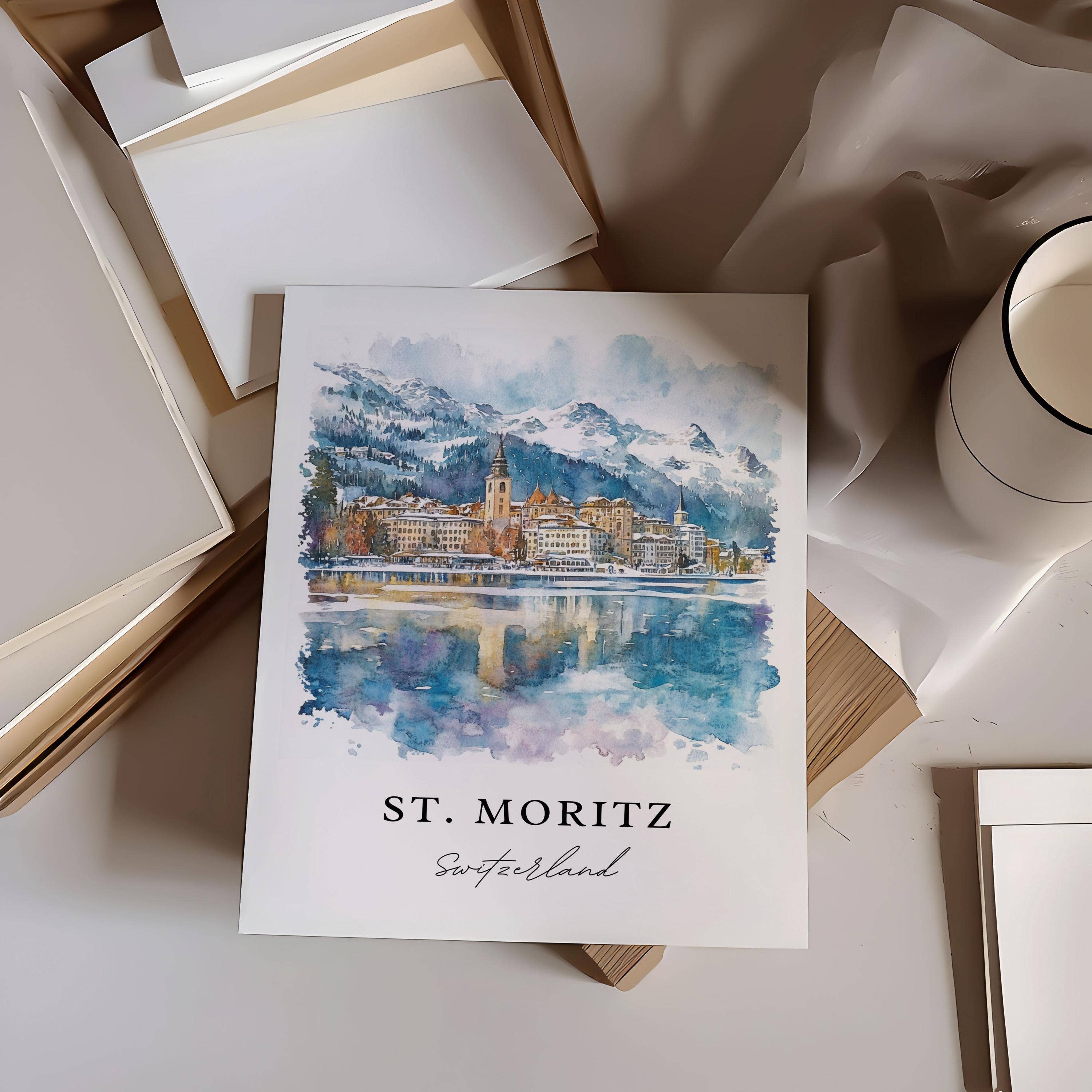 Premium Travel Art - Wholesale Art Print - St. Moritz Wall Art, St Moritz Print, Saint Moritz Watercolor Art, Engadin Valley Gift, Travel Poster, Housewarming Gift1