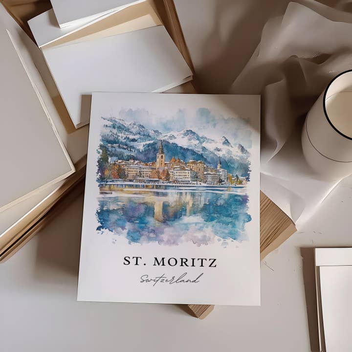 Premium Travel Art - Wholesale Art Print - St. Moritz Wall Art, St Moritz Print, Saint Moritz Watercolor Art, Engadin Valley Gift, Travel Poster, Housewarming Gift1
