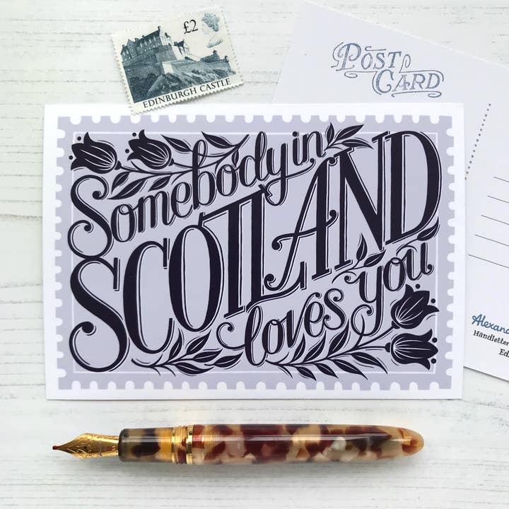 Somebody in Scotland Loves You Postcard for wholesale by Alexandra Snowdon