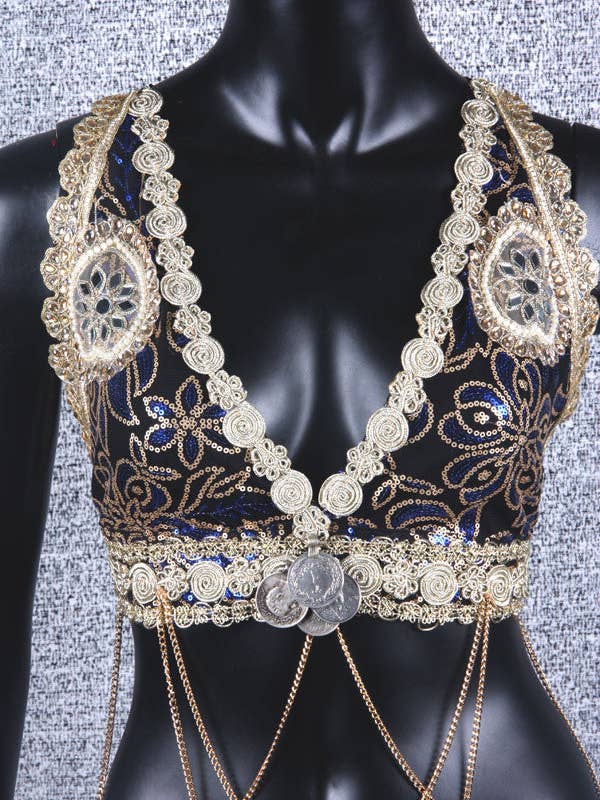 Top Halter Azul/Dorado para venta al por mayor de Senoritas Tribal Designs