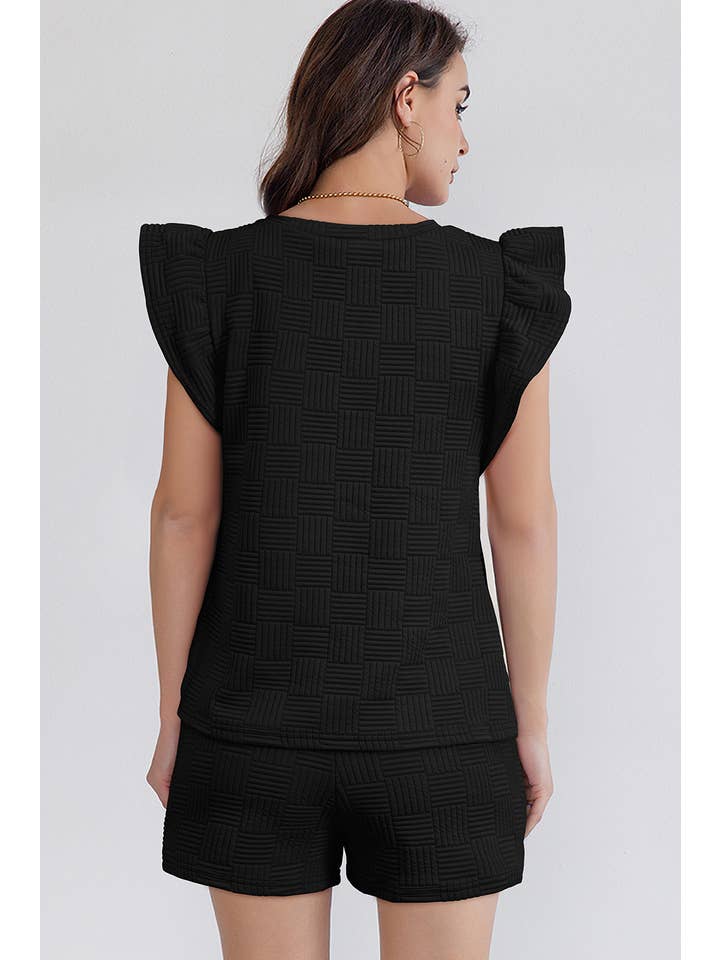 LA Society - Wholesale Lounge Set - Women's - Textured Ruffled Sleeve Tee and Drawstring Shorts Set