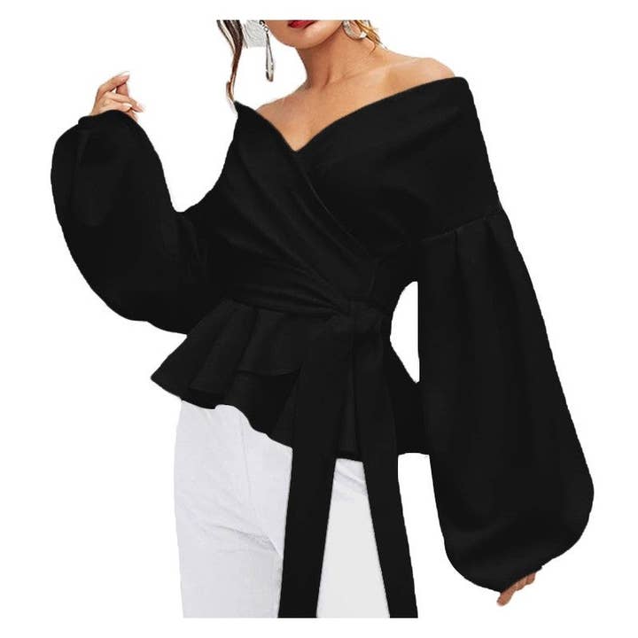 FurDecoration - Wholesale Blouse - Women's - Solid Color Off-Shoulder Lantern Sleeve Bow-Tie Waist Shirt