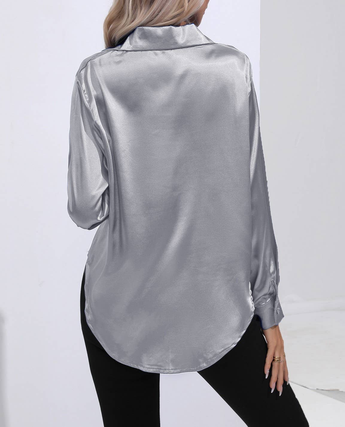 HIDDENBRAND - Wholesale Button Down Shirt - Women's - Satin Faux Silk Long-Sleeved Shirt32