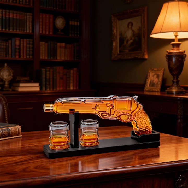 The Wine Savant / Khen Glassware - Wholesale Decanter - Pistol Gun Decanter Set + 2 Bullet shot Glasses & Wood Stand4