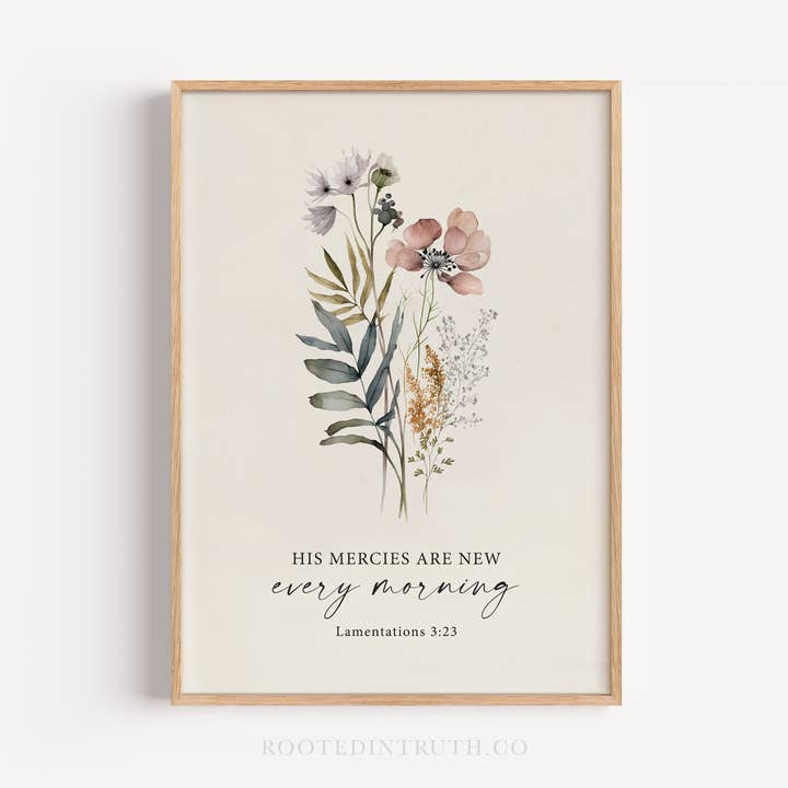 Impresión artística floral con escritura 'His Mercies' - Decoración cristiana para venta al por mayor de Rooted in Truth
