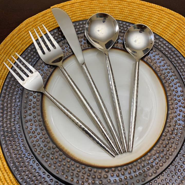 Silver 20-PC Hammered Stainless Steel Flatware Set for wholesale by Vibhsa