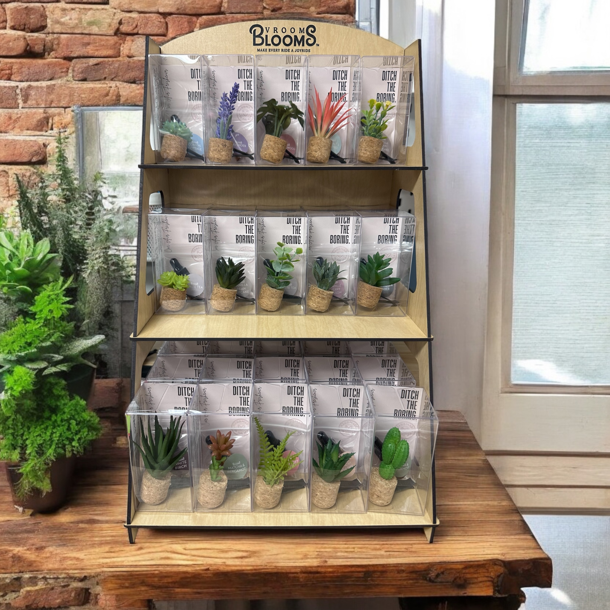 Vroom Blooms - Wholesale Retailer Display - Home & Living - Wood Display Shelf - Car Plant Diffusers / Air Fresheners 3