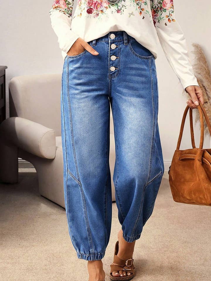 LALALOO Denim Buttoned Fly Tapered Barrel Leg Jeans for wholesale by LALA LOO