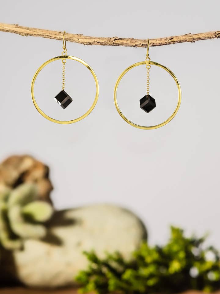 .925 Silver Hoop with Black Spinel Cubes-OH Spinel! (Yellow) for wholesale by Eleganz Jewelry, LLC