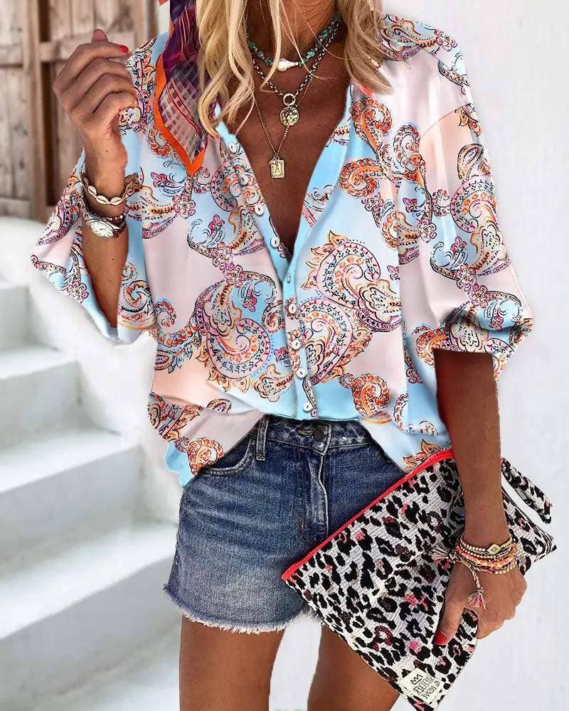 MULTICOLOR baroque print lantern sleeve button down shirt for wholesale on Faire2