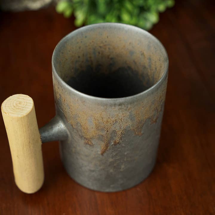 Backwoods Provisions - Wholesale Coffee Mug - Iron Bronze Glazed Ceramic Mug with Wooden Handle
