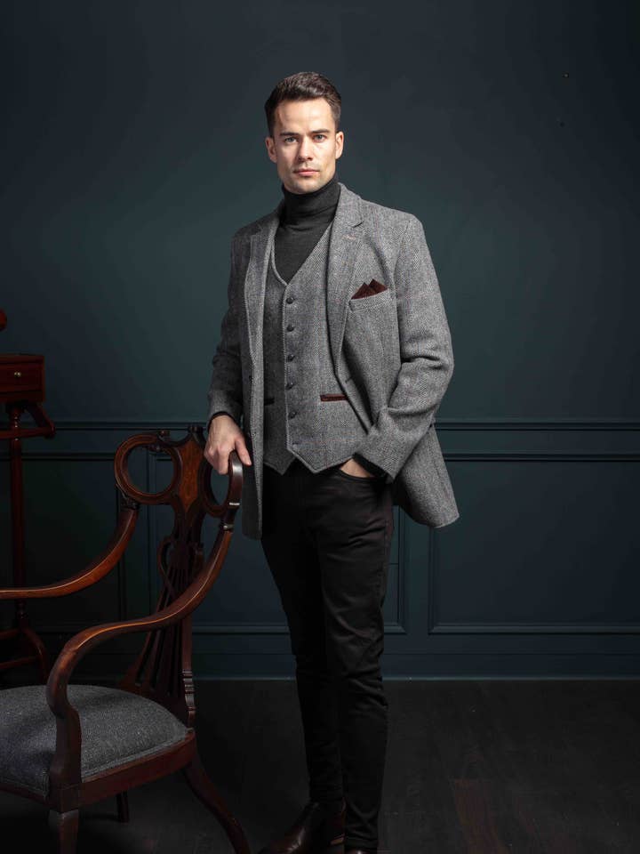 Grey Hunting Tweed Jacket with Moleskin Trim for wholesale on Faire9