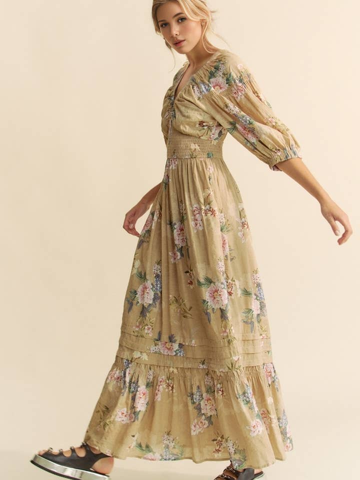 Davi & Dani - Wholesale Dress - Women's - GARDEN FLORAL PRINTED THREE LINE WAIST MAXI DRESS