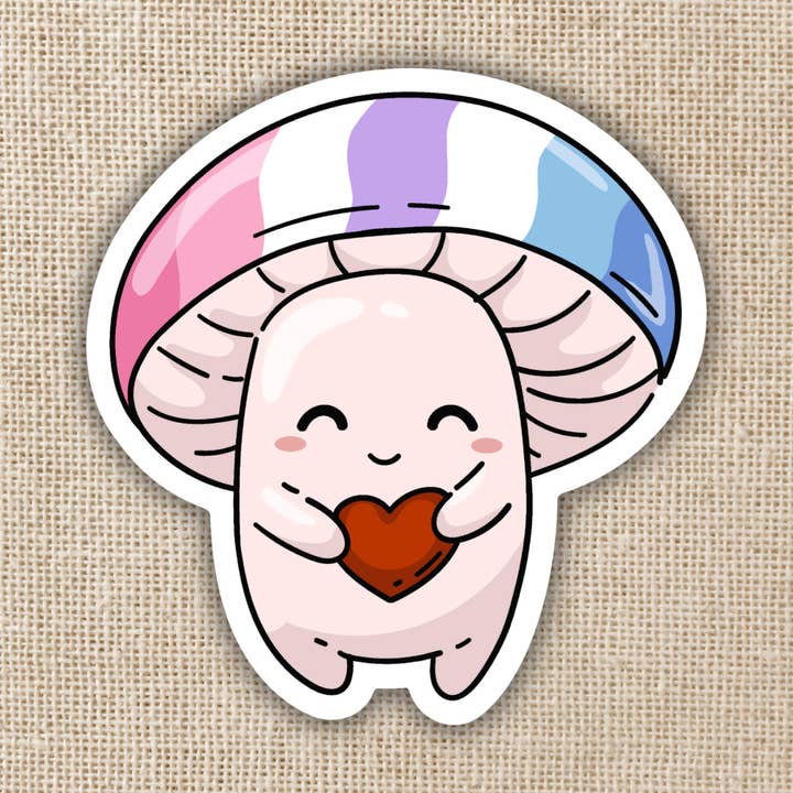 Bigender Pride Flag Mushroom Sticker for wholesale by Kingdom of Threads