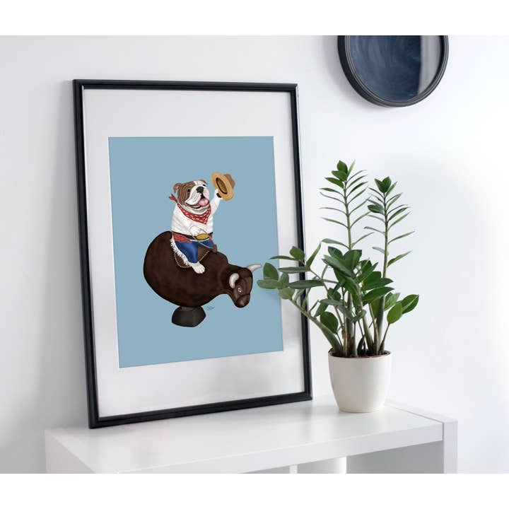 Laura Bergsma Studio – Engroshandel Kunsttryk – Engelsk Bulldog Dog Art Print, Blå Baggrundsudgave
