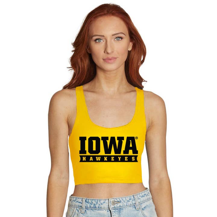 Iowa Hawkeyes Yellow Crop Tank for wholesale by Lojo Collegiate Apparel