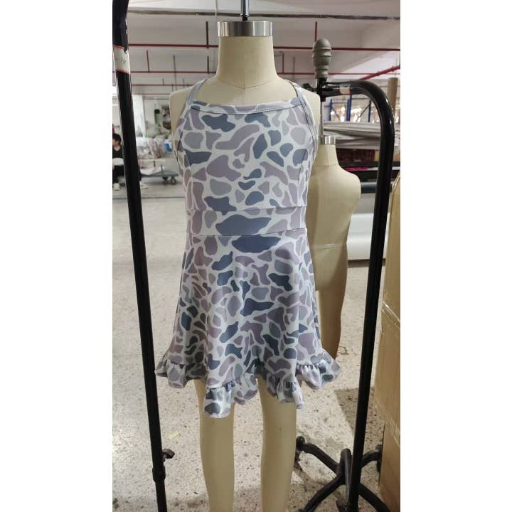 Aier Wholesale - Wholesale Dress - Kids - Baby Girls Strap Gray Camo Yoga Ruffle Knee Length Dresses6