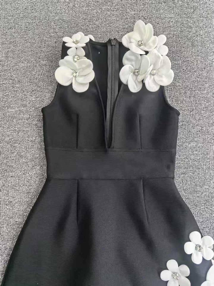 Productseeker - Wholesale Dress - Women's - DR524Y Suspender Mini Dress with Contrast 3D Floral Designs5