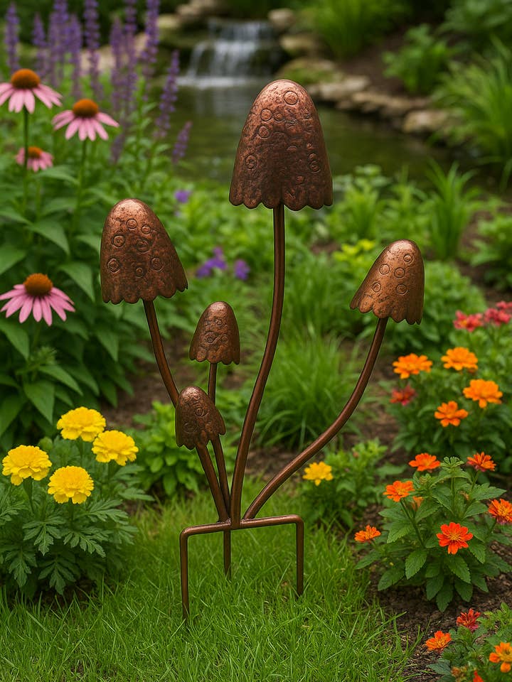 Handmade bronze powder coated mushrooms stake 80cm for wholesale by Marissa's Gifts