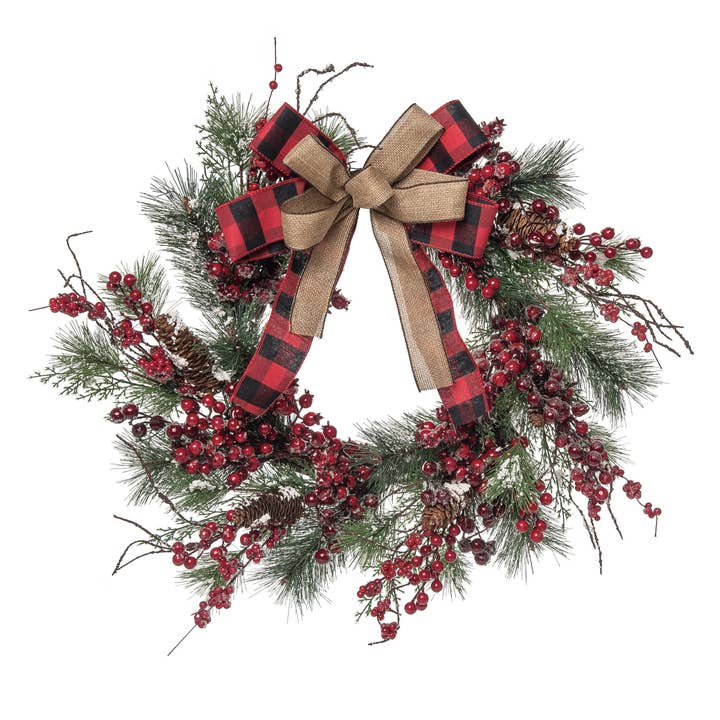 Transpac - Wholesale Wreath - CLOSEOUT 24 in. Christmas Buffalo Check Berry Wreath0