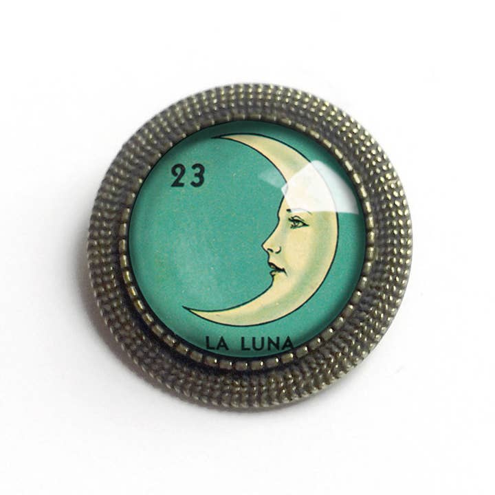 The Divine Iguana - Wholesale Brooch - Loteria La Luna Crescent Moon Glass Cabochon Brooch