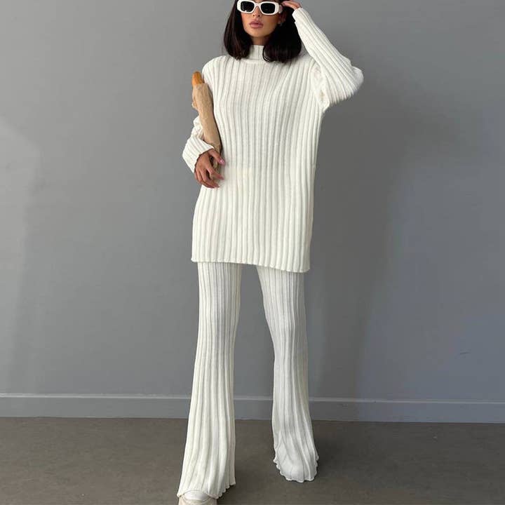 Ribbed High-Neck Knit Set — Oversized Sweater & Flared Pants for wholesale by Serene Couture