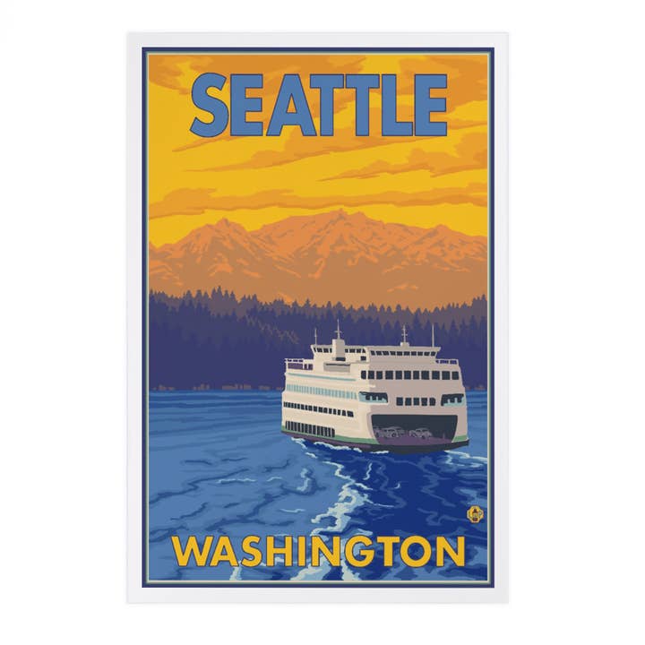 PREMIUM POSTCARDS Seattle, Washington, Ferry and Mountains for wholesale by Lantern Press