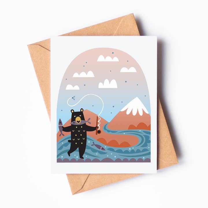 Campy Fish Bear A2 Blank Greeting Card for wholesale by Allie Ogg
