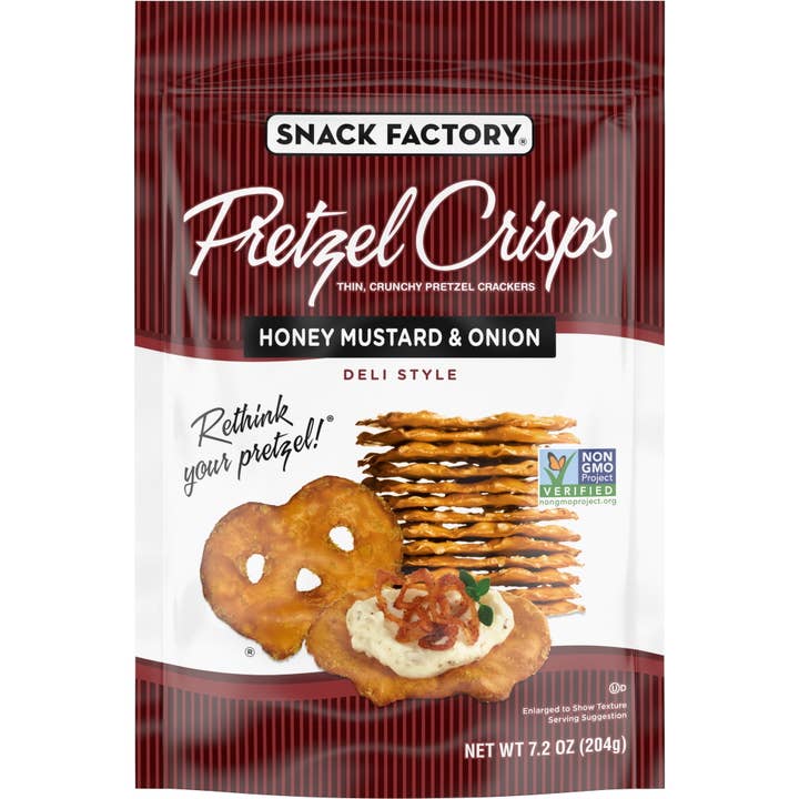 Snack Factory Pretzel Crisps Honey Mustard & Onion 12/7.2oz for wholesale by L&F Universal Goods