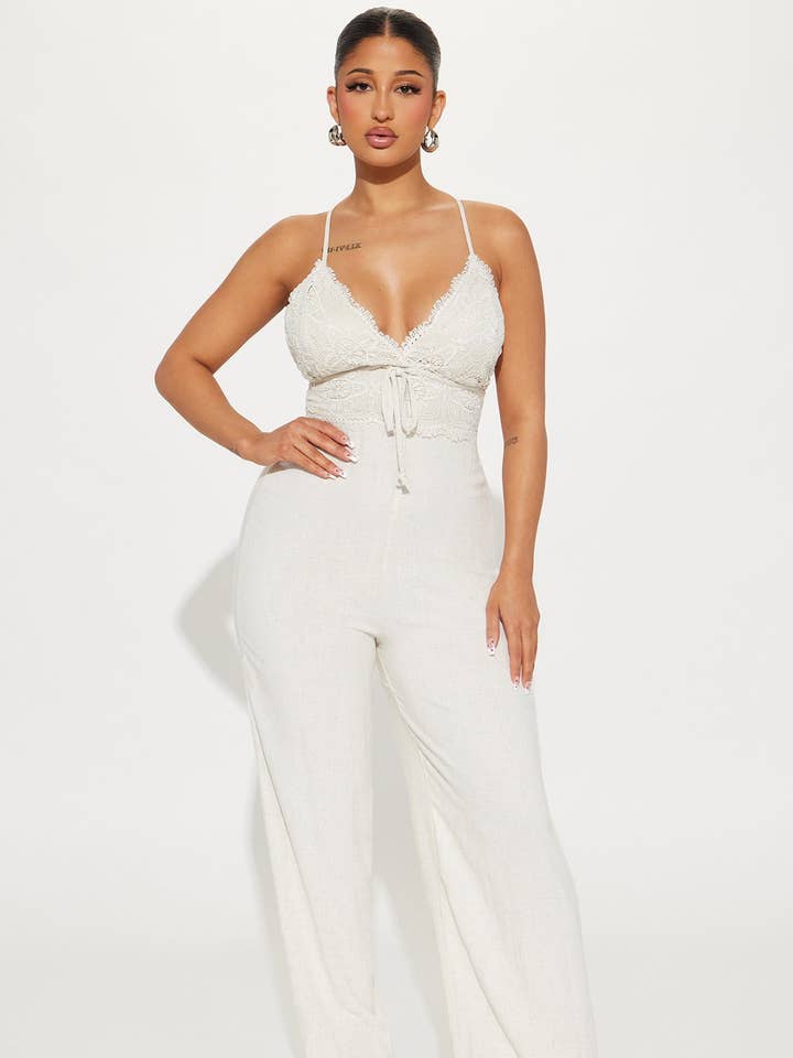 CROCHET BUSTED WIDE LEG LINEN JUMPSUITS for wholesale by BJ's Closets